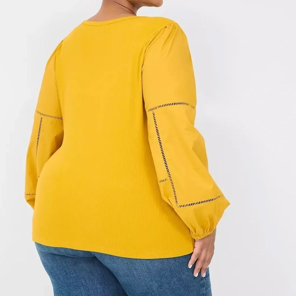 Lane Bryant Women's Size 26/28 Patch Work Long Sleeve Mustard Yellow cotton Top